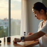 "A young woman wearing a sleek silver smartwatch with various health monitoring gadgets on a minimalist desk in a modern living room, achieving best wearables sports fitness goals."