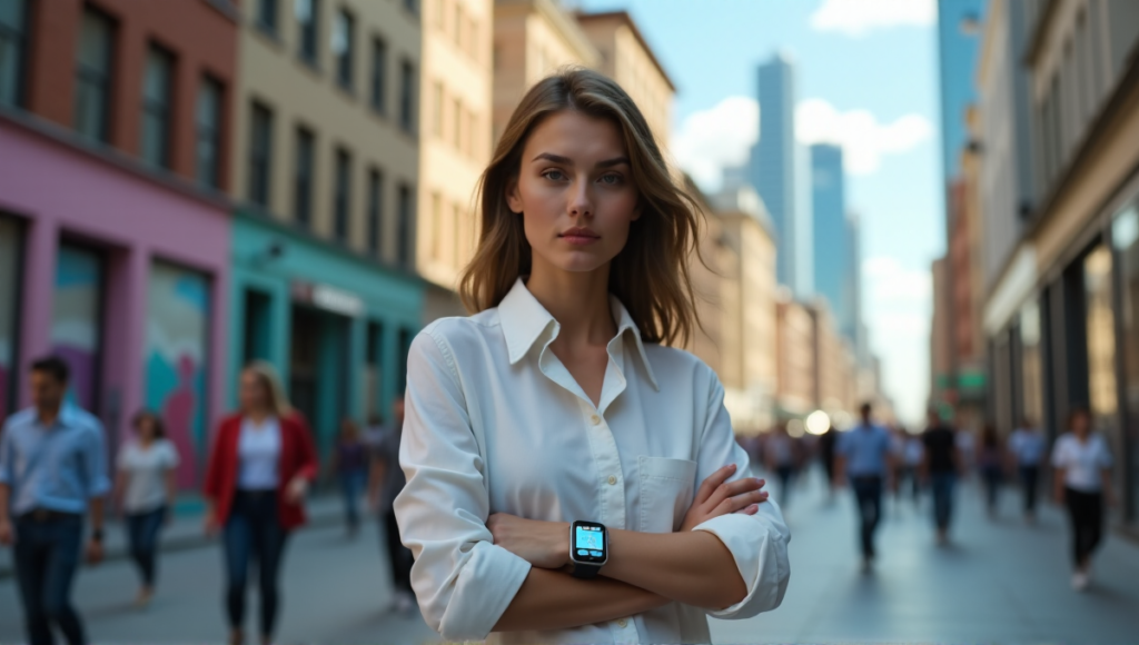"A young woman wearing a sleek smartwatch walks towards the camera on a bustling city street, surrounded by blurred skyscrapers and pedestrians."