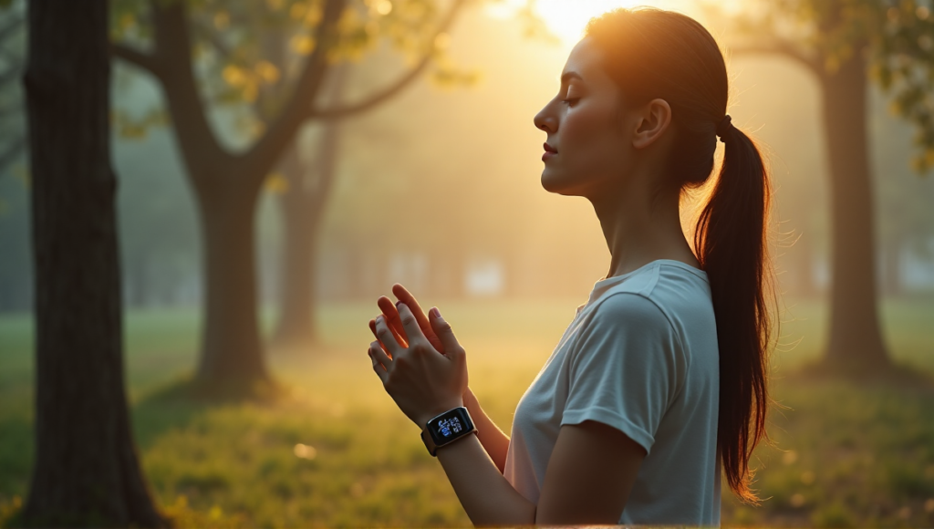 "A serene woman wearing a health monitoring wearable device on her wrist in a peaceful forest at dawn, showcasing best health monitoring wearables 2025 features."