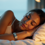 "A serene woman lies on a plush bed wearing a sleek silver sleep wellness wearable device, surrounded by calming elements in a peaceful studio setting."