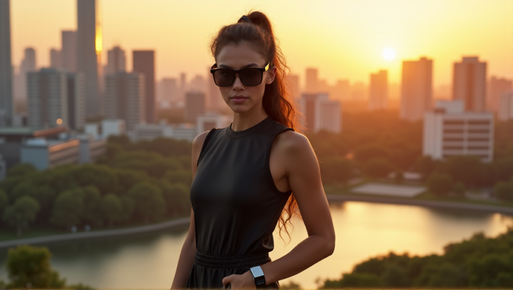 "A young woman in a sleek black jumpsuit with integrated smart gadgets stands confidently on a rooftop overlooking a vibrant cityscape at sunset, showcasing best wearables for sports fitness goals."
