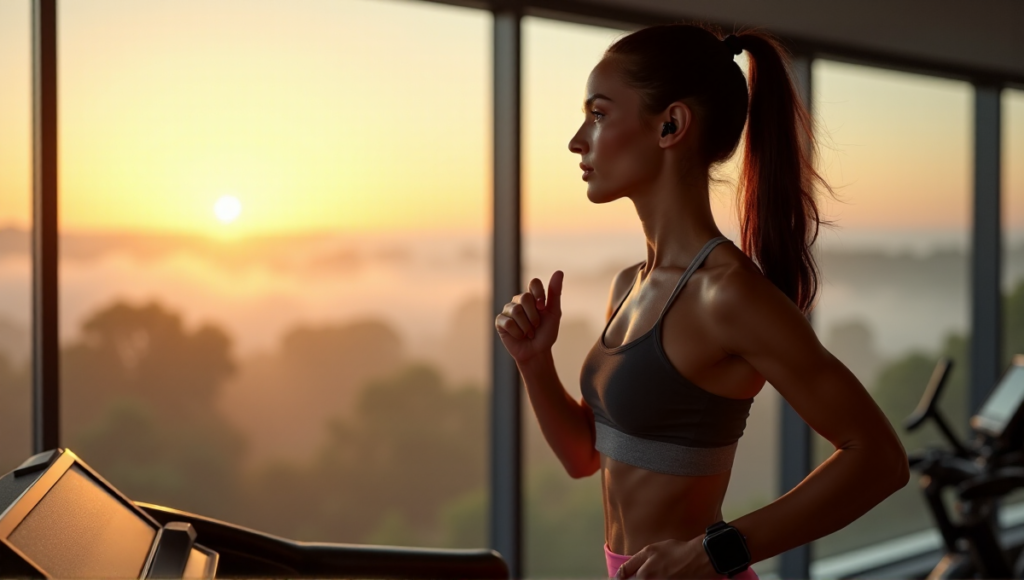 "A female athlete mid-workout on a treadmill with sleek smartwatch and earbuds, surrounded by minimalist gym equipment, conveying determination and wellness harmony through dedication to best health monitoring wearables 2025."