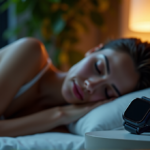 "A serene bedroom scene at dusk featuring a woman in deep relaxation with Pulse's sleep wellness wearable on her nightstand."