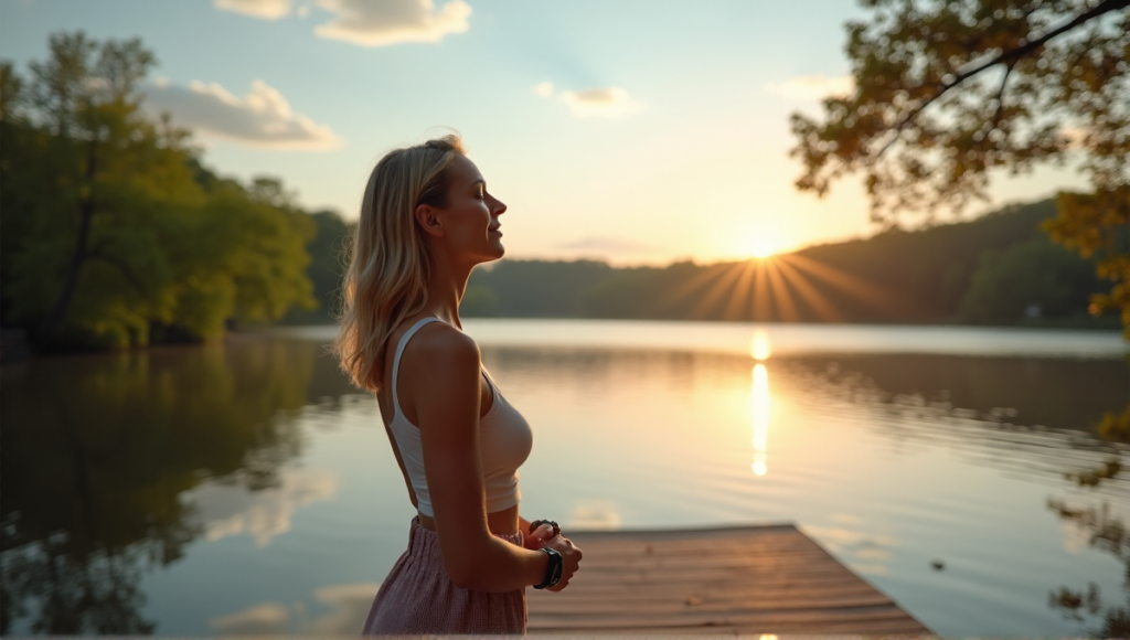 "A serene woman stands on a weathered dock overlooking a tranquil lake at dawn, wearing a sleek black smartwatch with silver strap."