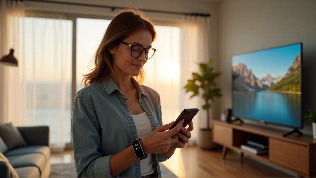 "A young woman stands in a minimalist living room, wearing smartwatch and glasses, checking her phone's fitness tracking app, exuding balance and wellness while pursuing best wearables sports fitness goals."