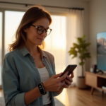 "A young woman stands in a minimalist living room, wearing smartwatch and glasses, checking her phone's fitness tracking app, exuding balance and wellness while pursuing best wearables sports fitness goals."