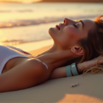 "A serene woman lies on a tranquil beach at sunset, wearing a heart rate monitor with a subtle smile, exuding relaxation amidst gentle waves and soft sand."