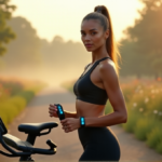A young woman stands confidently on a scenic trail, wearing a sleek sports outfit, holding a smart activity tracker and leaning against a high-tech fitness bike, conveying determination and focus in a serene morning atmosphere.