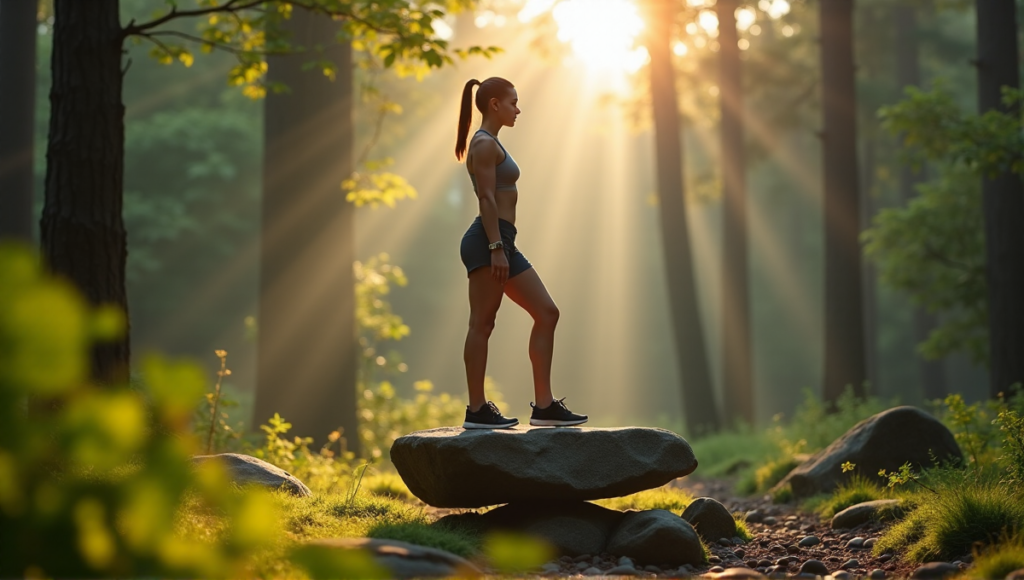 "A serene woman stands on one foot in a forest clearing at dawn, wearing sleek smartwatch and earbuds, surrounded by fitness trackers and exercise equipment, exuding calm determination with best health monitoring wearables 2025 integrated seamlessly into nature."