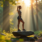 "A serene woman stands on one foot in a forest clearing at dawn, wearing sleek smartwatch and earbuds, surrounded by fitness trackers and exercise equipment, exuding calm determination with best health monitoring wearables 2025 integrated seamlessly into nature."