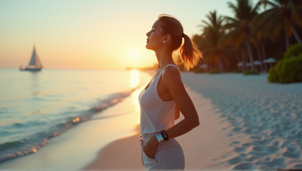 "A woman stands on a serene beach at sunset, wearing sleek silver smartwatch and fitness tracker, embodying balance between tech and nature, perfect example of best health monitoring wearables 2025."