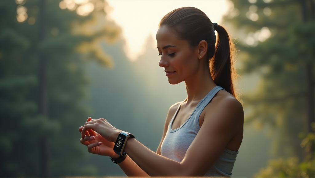 "A young woman wearing a sleek health monitoring wearable device on her wrist in a serene misty forest, tracking best wearables for sports fitness goals with relaxed focus."