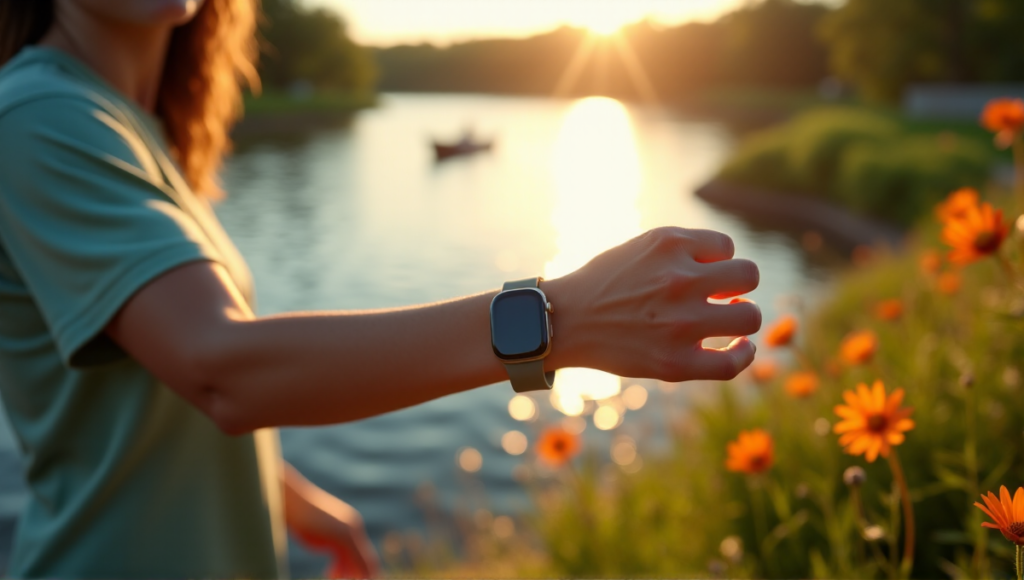 "A person wearing a sleek silver heart rate monitor stands by a serene lake on a warm summer morning, surrounded by lush greenery and vibrant wildflowers, exuding peacefulness and harmony with nature."