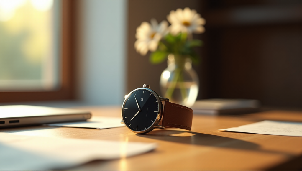"A sleek silver smartwatch with a leather strap sits on a polished wooden desk in front of a window, surrounded by papers and fresh flowers, showcasing elegant wearable tech for seamless wellness and health monitoring."