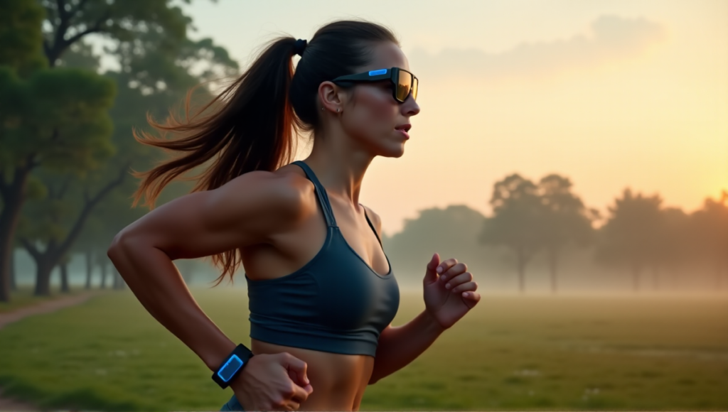 "A young woman in athletic attire runs outdoors at dawn, wearing a black fitness tracker and smart glasses with soft blue glow, conveying focus and drive towards ultimate fitness potential."