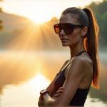 "A young woman wearing a sleek black sports watch and smart glasses stands confidently at a serene lake, surrounded by lush greenery, embodying empowerment with best health monitoring wearables 2025 technology."