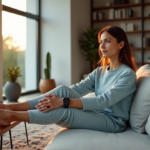 A young woman relaxes on a modern couch surrounded by various health and wellness gadgets, including smartwatch, fitness tracker, and wireless earbuds, showcasing best health monitoring wearables 2025 in a calm atmosphere.