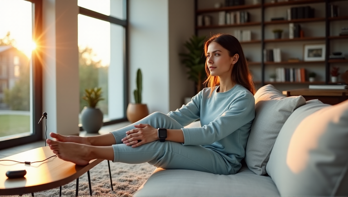 A young woman relaxes on a modern couch surrounded by various health and wellness gadgets, including smartwatch, fitness tracker, and wireless earbuds, showcasing best health monitoring wearables 2025 in a calm atmosphere.
