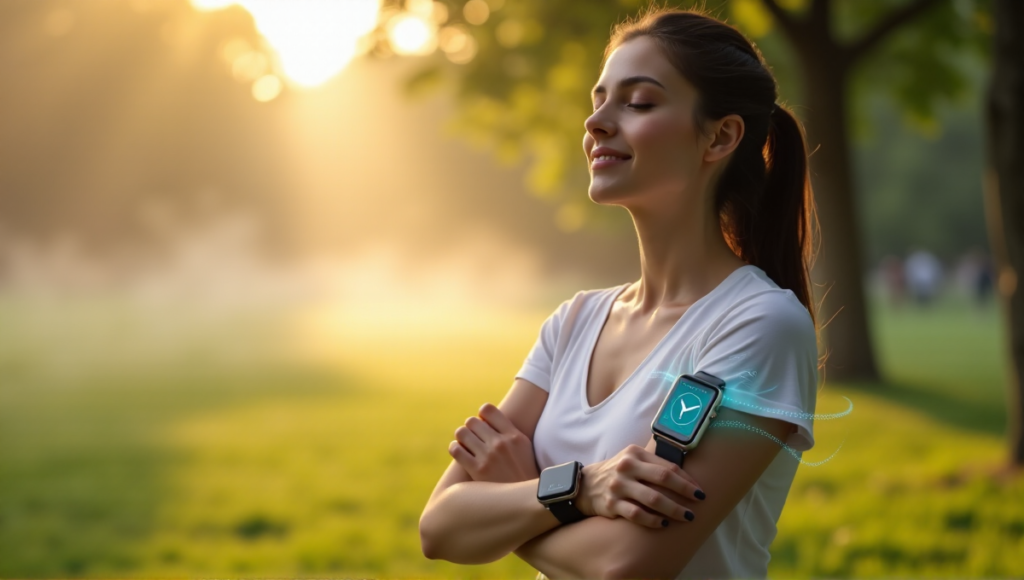 "A young woman stands in a serene outdoor environment wearing a sleek silver smartwatch with a large touchscreen display on her wrist."