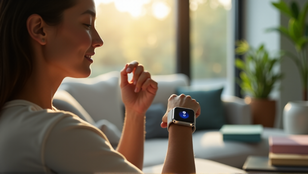 "A young woman sits on a couch, wearing a sleek silver smartwatch with a soft blue glow, surrounded by wellness objects in a peaceful living room."