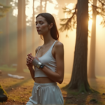 "A serene woman wearing a sleek wearable device on her wrist in a misty morning forest, surrounded by towering trees and warm golden light."