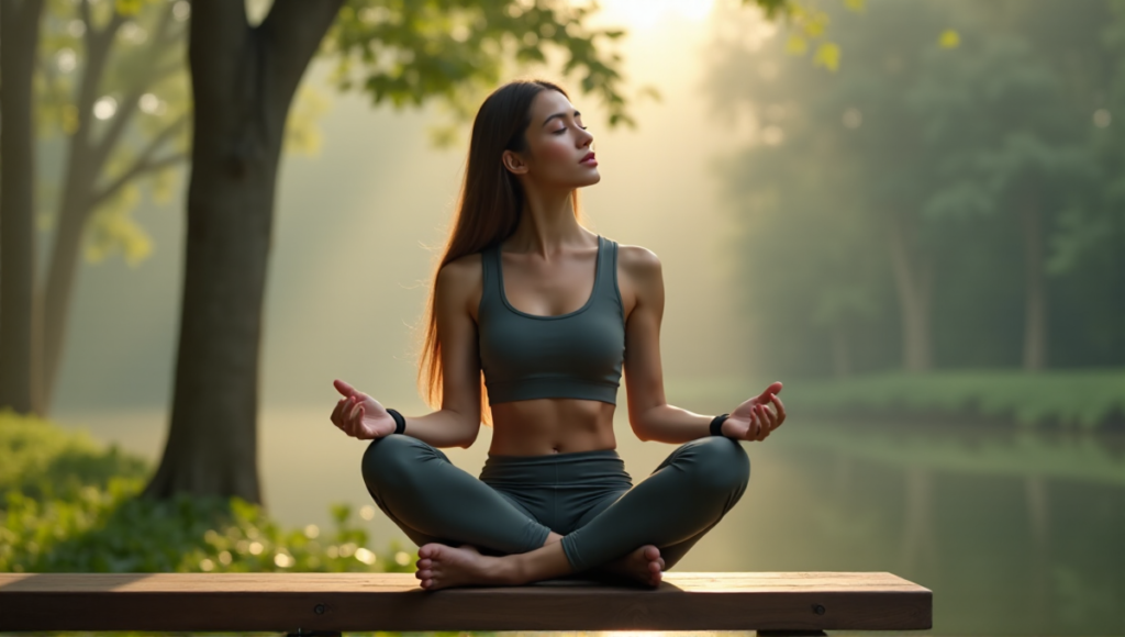 "A young woman sits on a wooden bench in a serene outdoor setting, wearing a sleek black sports watch and wireless earbuds, exuding calmness and balance."