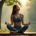 "A young woman sits on a wooden bench in a serene outdoor setting, wearing a sleek black sports watch and wireless earbuds, exuding calmness and balance."