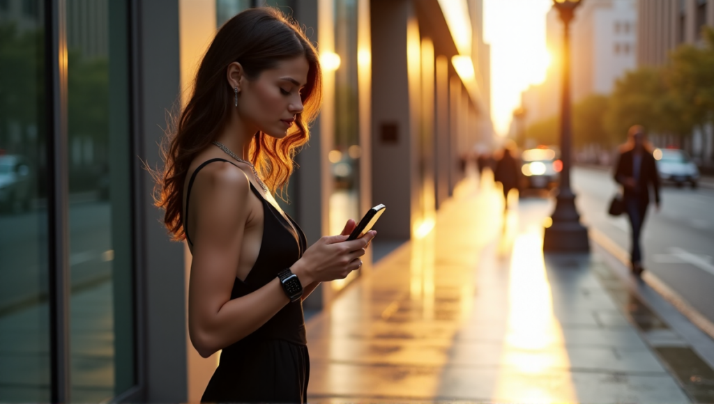 "A young woman stands confidently on a quiet city street at dawn, wearing sleek black attire with silver accents and minimalist smartwatch-style wearables, amidst modern glass skyscrapers and gentle morning light."