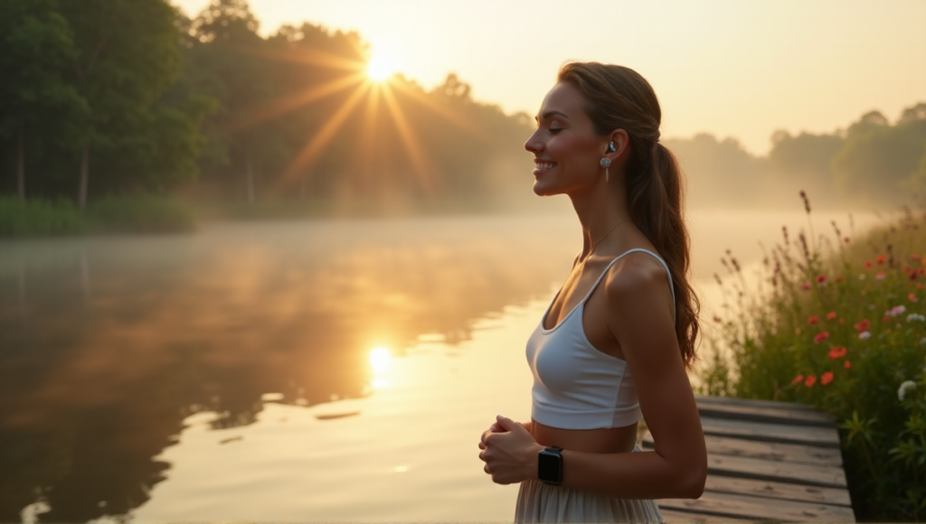 "A serene woman stands barefoot on a weathered dock, wearing sleek black smartwatch and silver earbuds, surrounded by misty morning atmosphere and lush greenery."