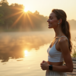 "A serene woman stands barefoot on a weathered dock, wearing sleek black smartwatch and silver earbuds, surrounded by misty morning atmosphere and lush greenery."
