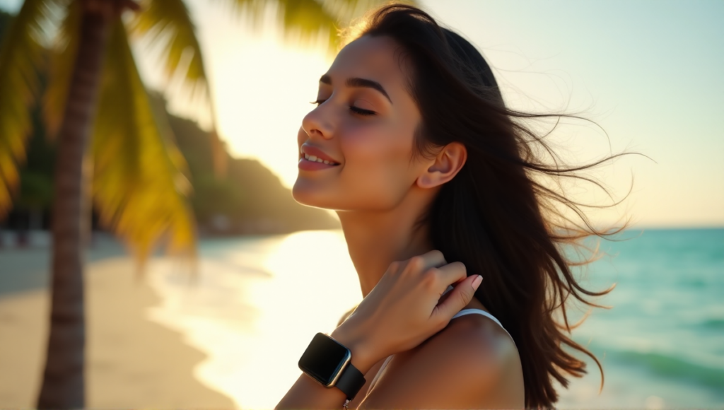 "A young woman stands on a tranquil beach at sunset, wearing a sleek black smartwatch, exuding calm contentment while pursuing best wearables sports fitness goals."