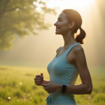 "A serene woman wearing Pulse's wearable device in a misty morning forest, exuding calm contentment and balance achieved through innovative wearables, ideal for best sports fitness performance."