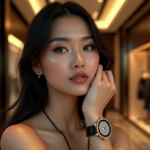 "A woman wearing a high-end smartwatch with gold accents and diamonds stands confidently in a luxurious fashion boutique, surrounded by polished marble floors and floor-to-ceiling windows."