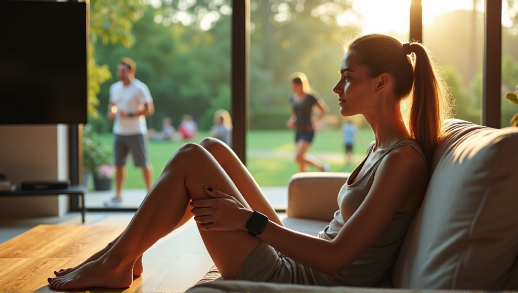 "A woman sits on a minimalist couch in a modern living room with natural light pouring in, wearing smartwatch and fitness tracker while gazing out at a lush green park."