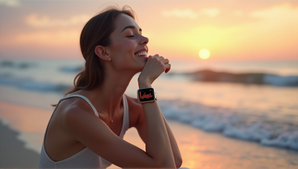 "A young woman relaxes on a serene beach at sunset, wearing a sleek smartwatch displaying vital signs and wellness metrics amidst calming ocean waves."