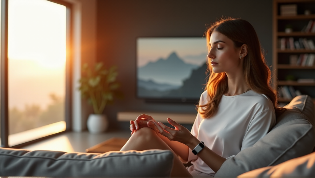 "Image of a woman meditating on a couch with smartwatch and fitness tracker, surrounded by minimalist decor and calming visuals."