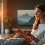 "Image of a woman meditating on a couch with smartwatch and fitness tracker, surrounded by minimalist decor and calming visuals."