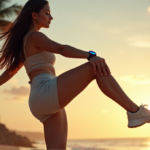 "A serene woman stands on one leg at sunset, wearing a high-tech smartwatch, wireless earbuds, and a minimalist fitness tracker, surrounded by palm trees and wispy clouds."