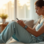 "A young woman sits comfortably on a couch surrounded by various health monitoring wearables, achieving best wearables sports fitness goals with ease."