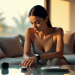 A woman in her mid-30s sits on a minimalist couch surrounded by various health monitoring gadgets and devices, showcasing the best health monitoring wearables 2025.
